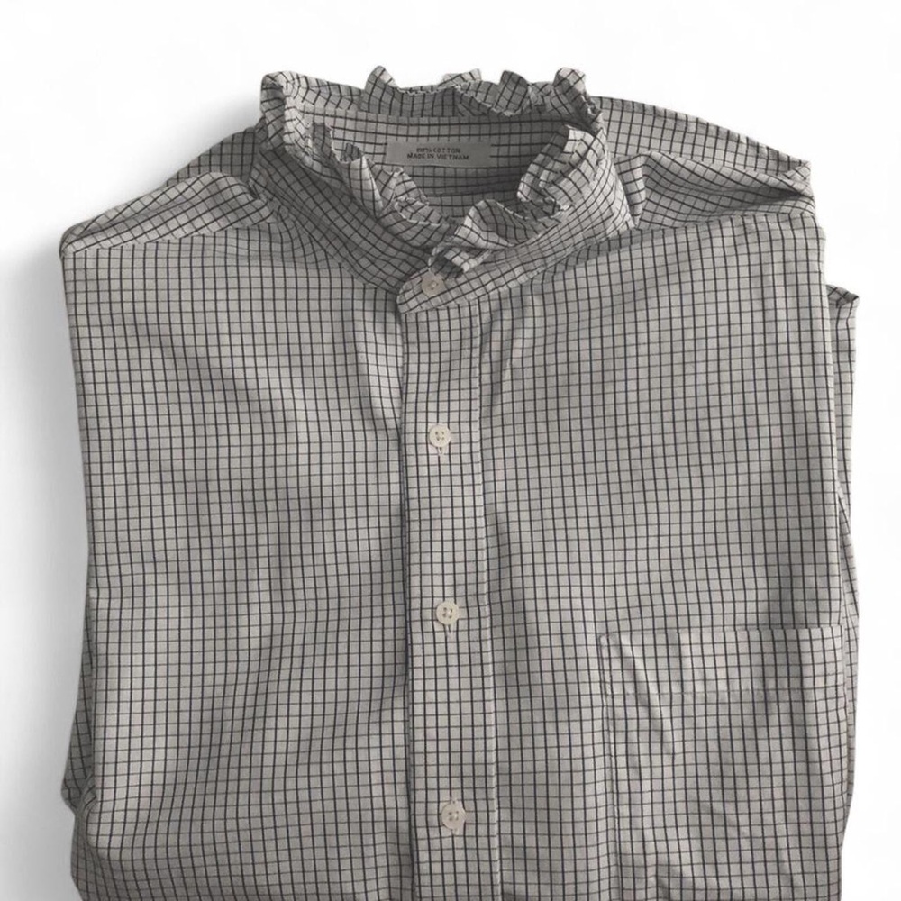Princess Di Checked Ruffle-Collar Button-Up Shirt - White & Navy